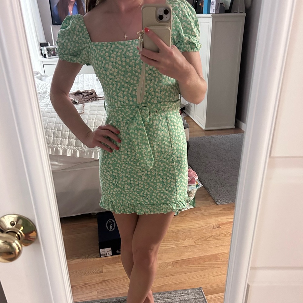 Green Floral Puff Sleeve Dress Zara